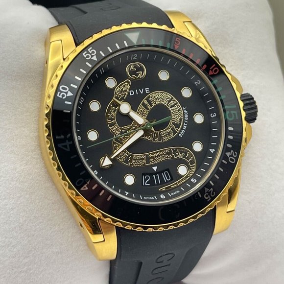 Gucci XL 45mm "BRAND NEW" Gold Snake Black Dial Rubber Band Swiss Watch YA136219 - Picture 8 of 8